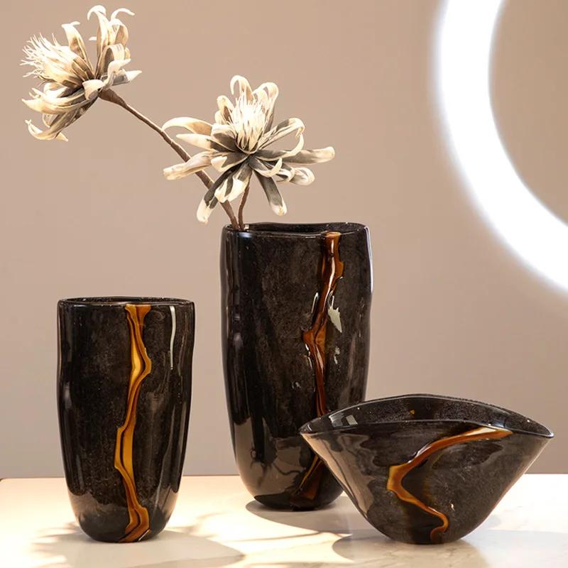Black Glass Vase Crack Water Ripple Flower Pot Floral Arrangement Accessories Flowerpot Terrarium Room Decoration Accessories