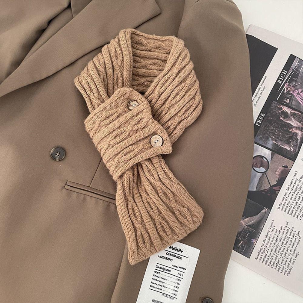 Windproof Knitted Scarf Button Women Winter Neckerchief Fashion Cross Scarf Autumn