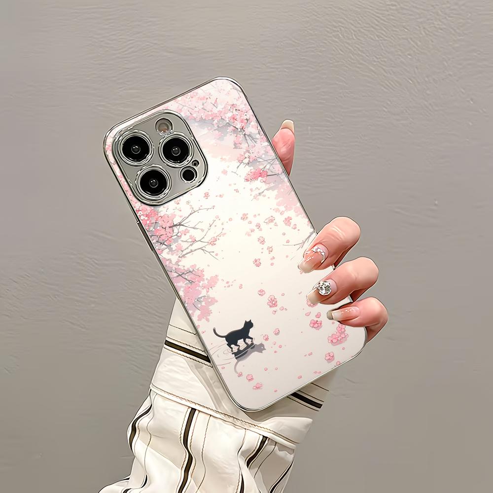 Anime Sakura Cat Pattern Metallic Paint Glass Phone Case Suitable for iPhone 17 16 15 14 13 12 11 Pro Max Plus Anti Shock