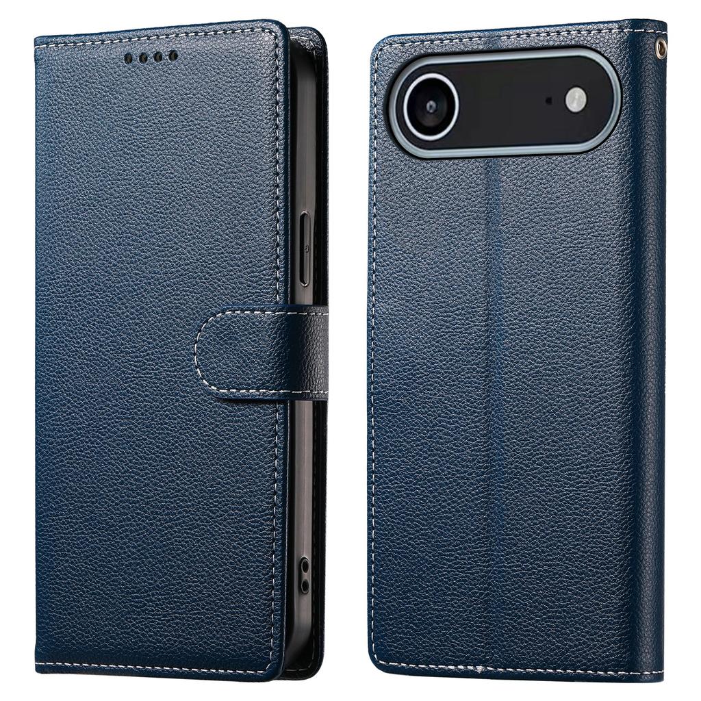 For iPhone 17 Air Case Magnetic Snap Litchi Texture Leather Wallet Phone Cover with Wrist Strap
