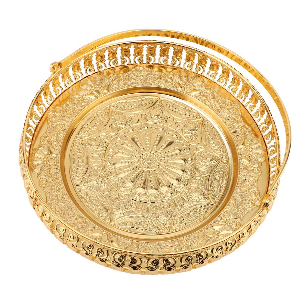 Retro Round Fruit Tray Exquisite Decorative Large Capacity Alloy Dessert Plate with Handle for