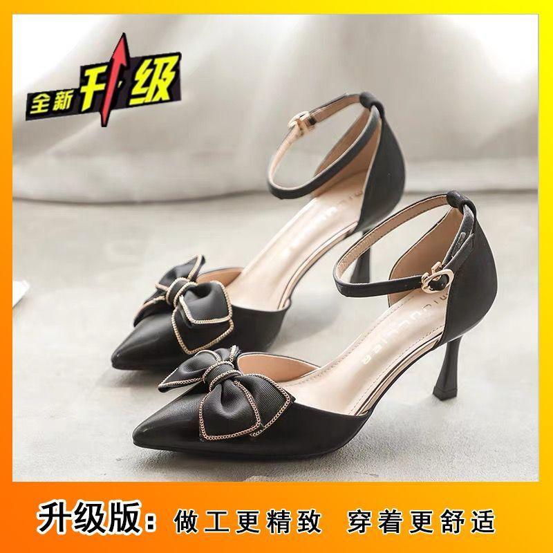 

French medium heel stiletto bow single shoes 2025 summer new fairy shoes gentle with skirt pointed high heels women 34