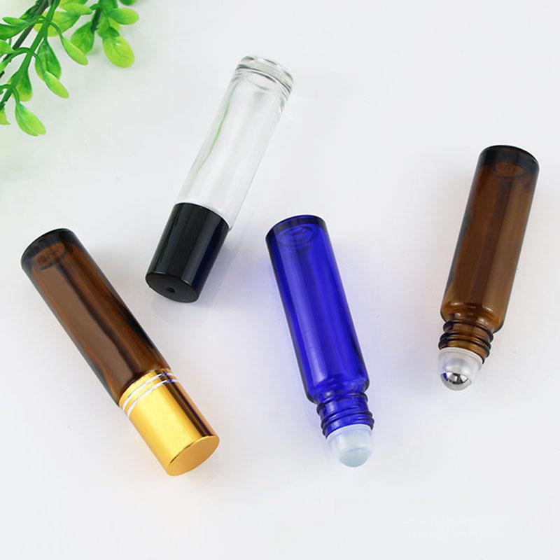 10ml Transparent Blue Glass Roller Bottle for Eye Cream and Essential Oils, with Tea-colored Perfume Roller
