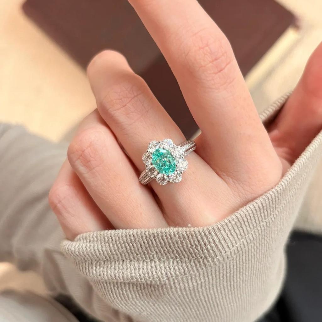 2026 Atmosphere Mint Paraiba Female Tanzanian Blue Group Set Zircon Ring Light Luxury Color Treasure