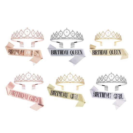 Crown Headband with Ribbon Shiny Rhinestones Headpiece Lightweight Design Stunning Sparkling Ribbon Feminine Slogans