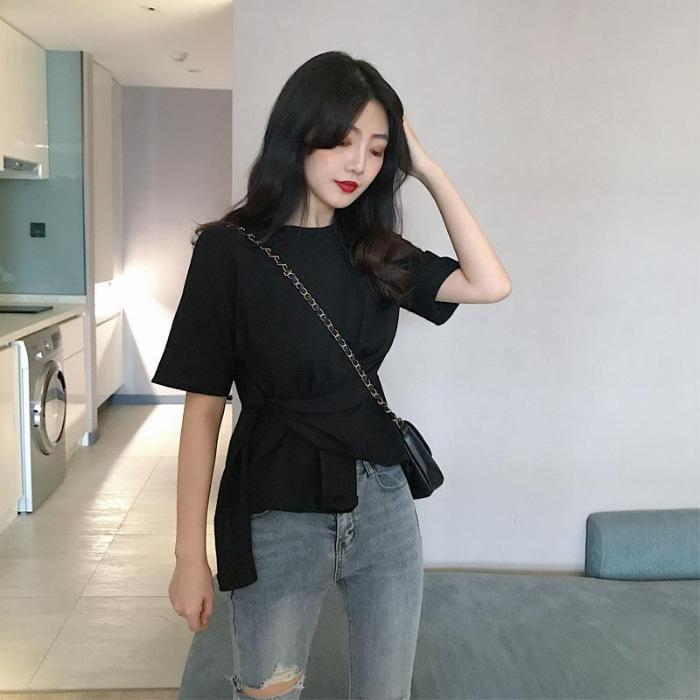 

Short-sleeved T-shirt women s lace-up irregular round neck slim short top waist new summer women s clothing Hong Kong style retro One size fits all
