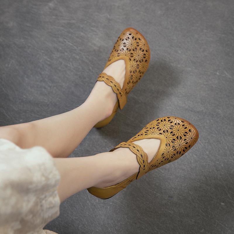 2026 Summer New Roman Style Hollow Out Sandals Women Genuine Leather Velcro Strap Flat Mules Comfortable Casual Shoes