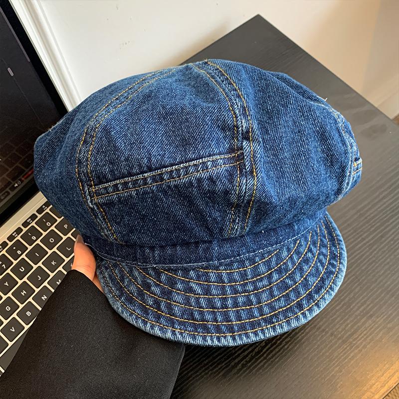 High Quality Retro Denim Cloud Beret Women's Spring and Summer Simple Literary and Versatile Short Brim Octagonal Newsboy Cap