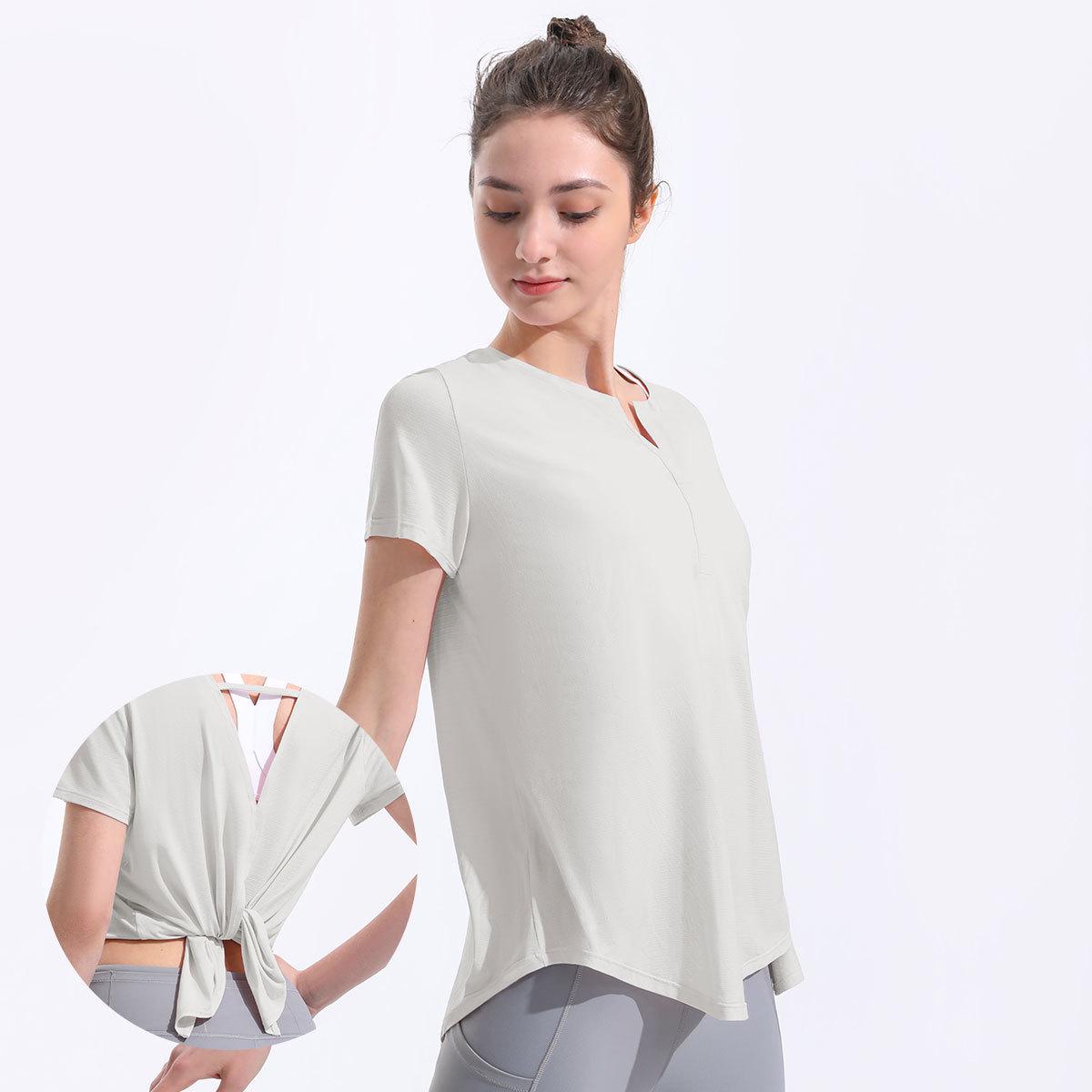 

Европейско-американская крутая футболка для йоги: Женский свободный фитнес-топ до бедер с открытой спиной и разрезом на спине Medium