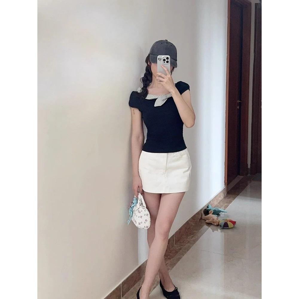 Korean Style Plaid Bow Patchwork T-shirt - Summer 2025 Casual Short Sleeve Top