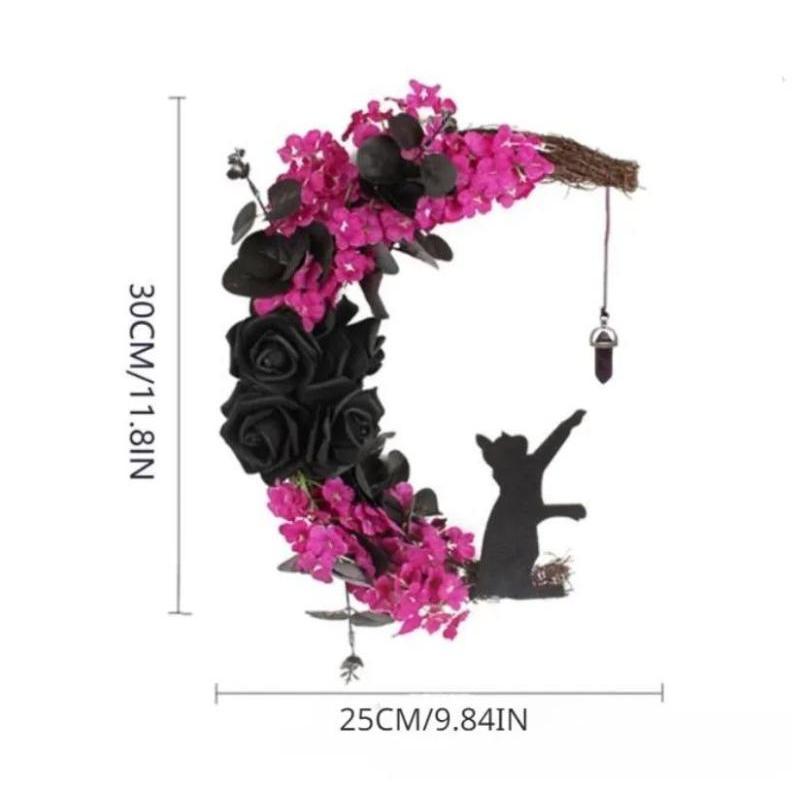Halloween Måne Katt Girland med Rosa Svart Dekorationer Halloween Girland Halloween Krans för ytterdörr Halloween Dörrdekor