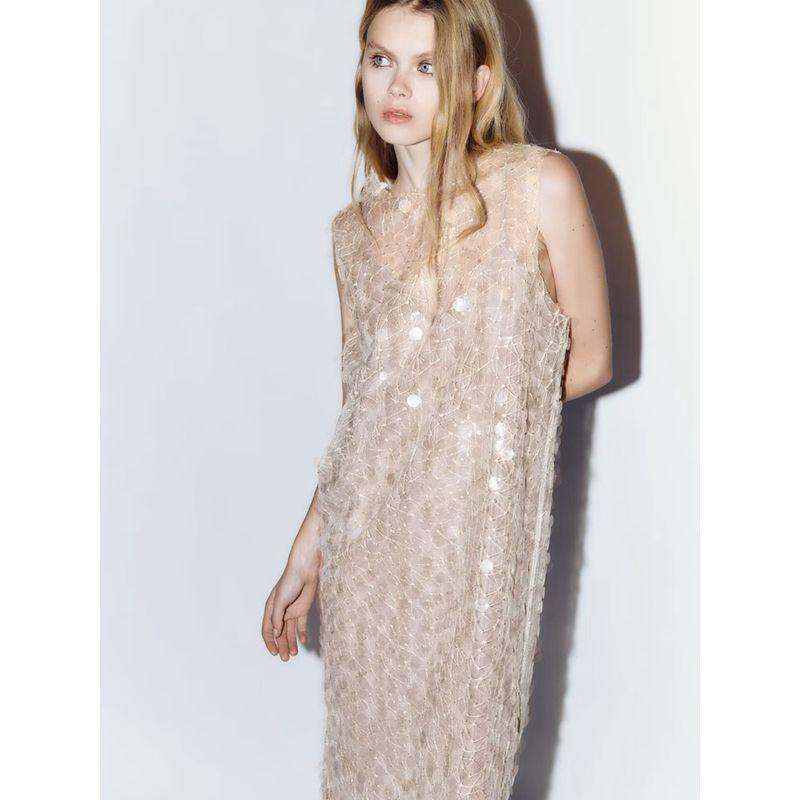 Za2024 Same Style European and American Women clothes Spring New Sexy Mesh Beads Decoration Midi Dress 7901454