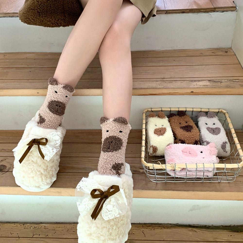 5Pairs Warm Coral Fleece Socks Plush Sleeping Socks Women Sweet Capybara Fleece Socks  Women