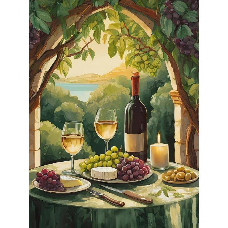 Vintage Wine Barrels and Wine Fountain Dinner Party Food Illustration Poster Canvas Painting Wall Pictures Home Wine Shop Decor