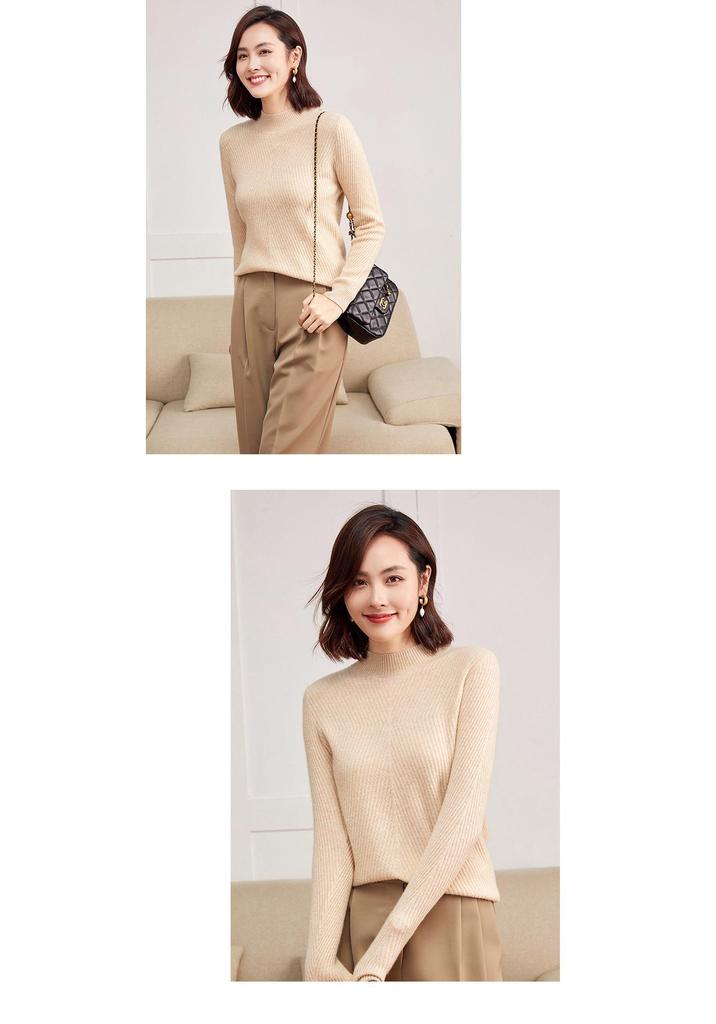 Women's Slimming Korean Style Cashmere Sweater - Autumn/Winter, Half-High Collar, Striped Solid Color, Versatile Base Layer