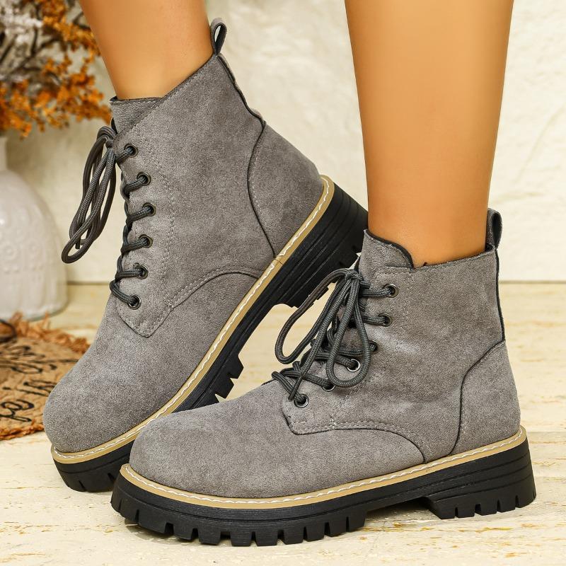 Round Toe Booties 2025 Winter New Lace-up British Style Plus Size Platform Martin Boots for Women