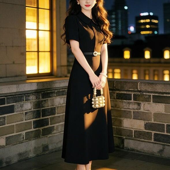 Wholesale customization New women's doll collar waist thin dress French waist simple long dress