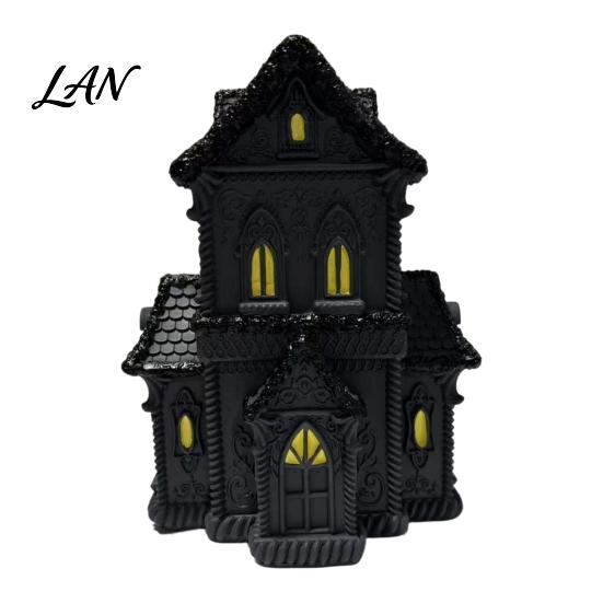 Illuminated Gothic House Ornament Lighted Halloween Village Statue with LED Light, Cabinet Black Spooky Figurine for Tabletop Holiday Home Decor