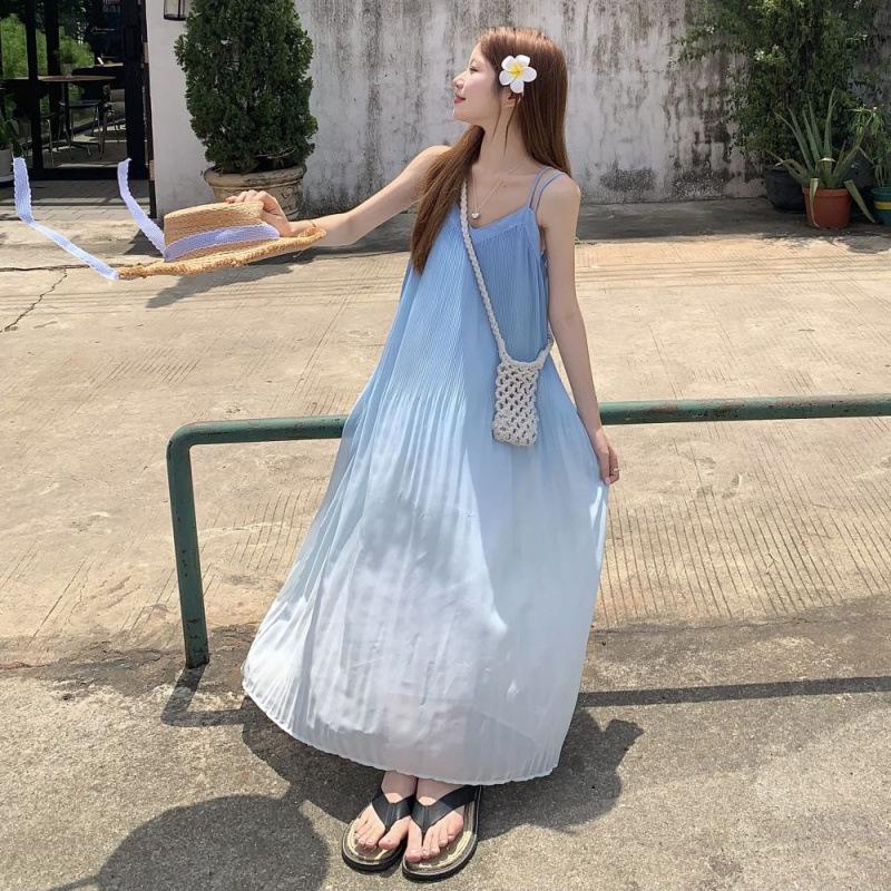 Blue gradual change suspender dress women's summer new seaside lazy holiday wind loose and thin skirt