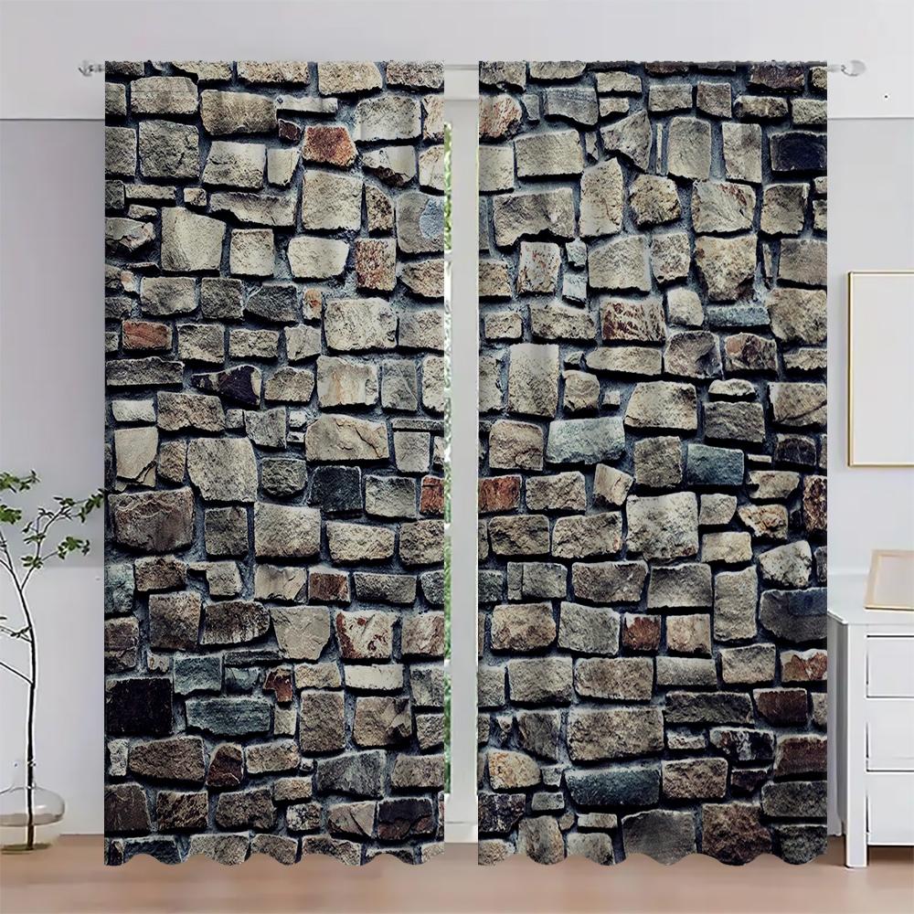 2PC Home Brick and Stone Wallsl Curtains With Landscape Background And Pole Pocket Curtains, Kitchen, Coffee Shop, Living Room,