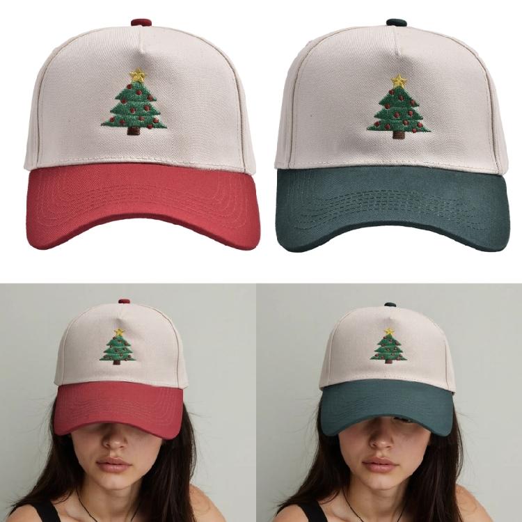 Flexible Color Block Cotton Baseball Cap With Embroidery Christmas Tree Pattern Unisex Casual Sun Protective Headwear