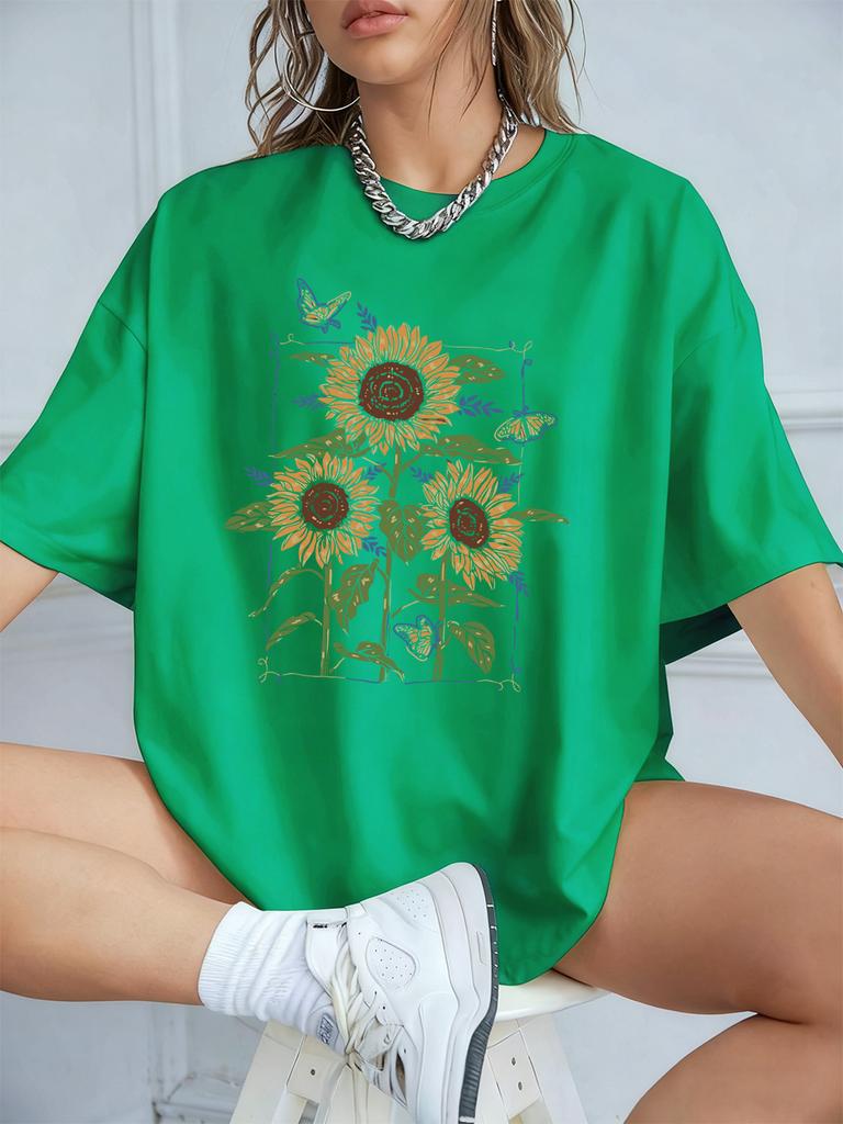 Sunflower Oil Printing Prints TShirts Womens Summer Cotton Short Sleeve T Shirt Loose ONeck Comfortable Tops Casual Clothes