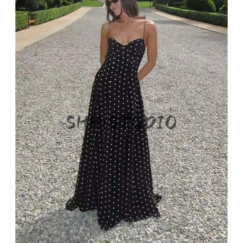 Summer New Product Women's Clothes Minimalist Black Polka Dot V Neck Sleeveless High Waist A- Line Long Sling Dress