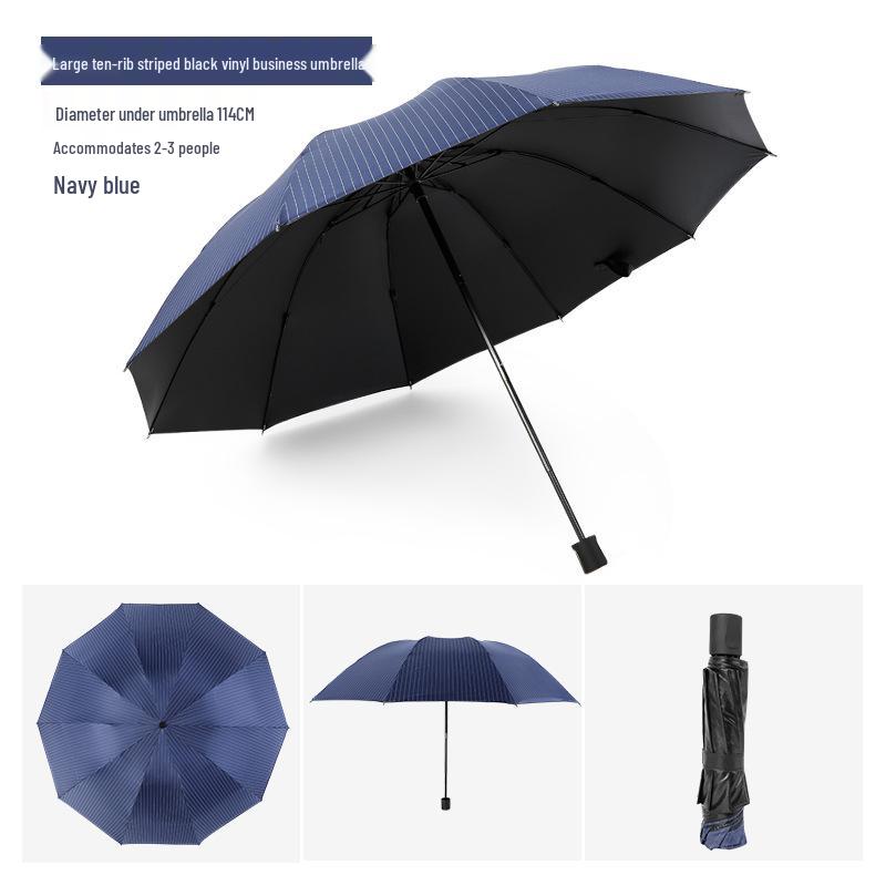 Black Reinforced Folding Umbrella, Sun & Rain Protection, Solid Color, Three-Fold, Fits 1-2 People, Ideal for Business Men & Women.