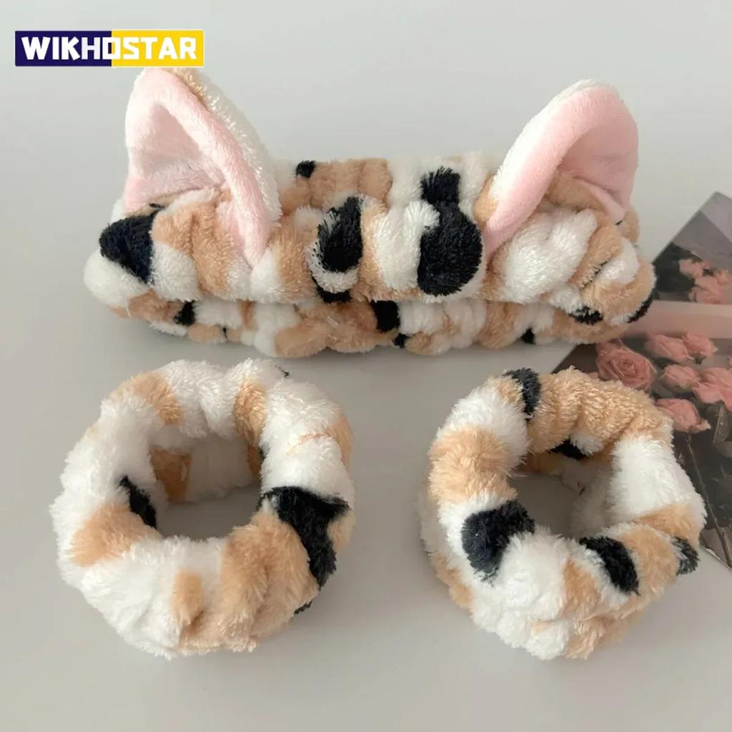 3 buc/set Bentiță plușată cu urechi de pisică drăguțe cu imprimeu leopard pentru femei fete, bentiță elastică pentru spa, spălarea feței și machiaj, brățară elastică pentru încheietura mâinii
