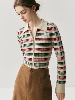 2025 Autumn/Winter Color Block Striped Slim-Fit Zip-Up Polo Cardigan Sweater
