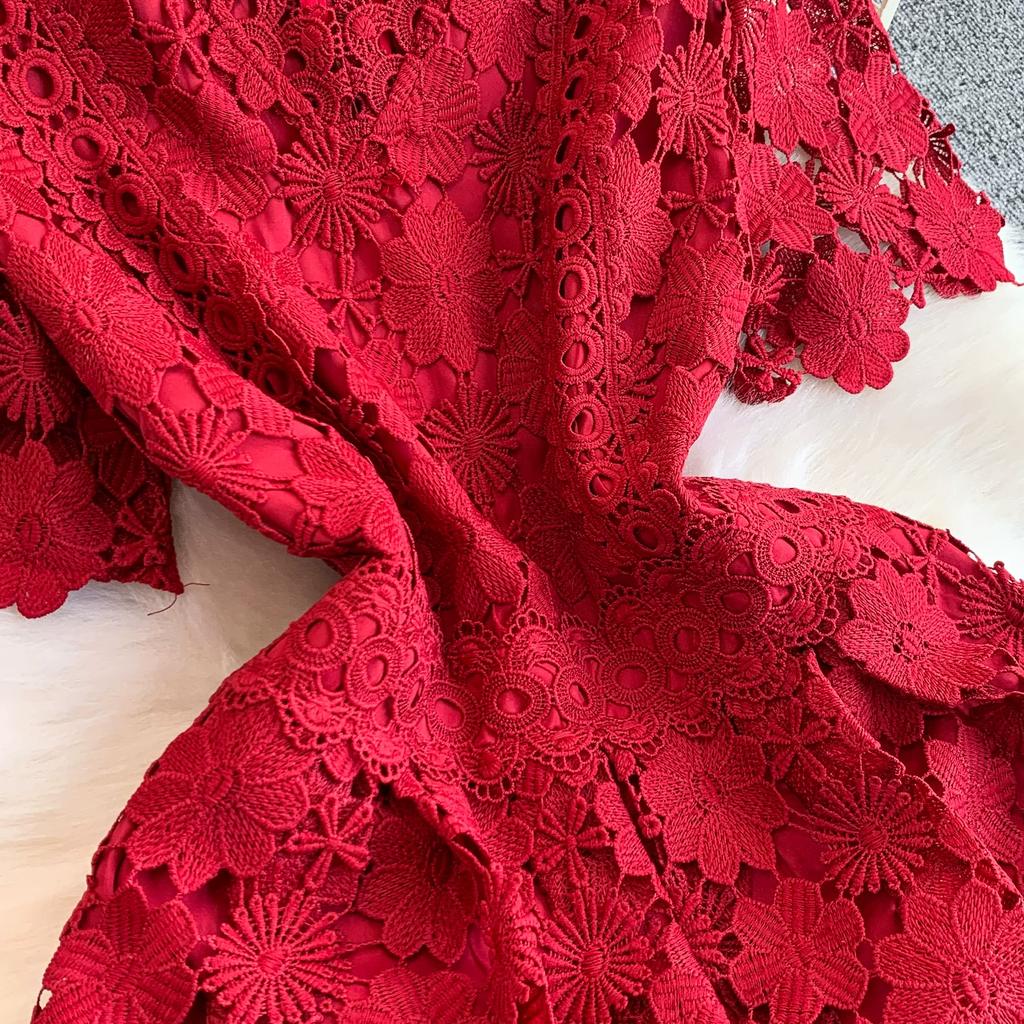 Summer Formal Evening Dress Women Hollow Out Crochet Lace Embroidery Party Long Dresses Female Short Sleeve Midi Dress