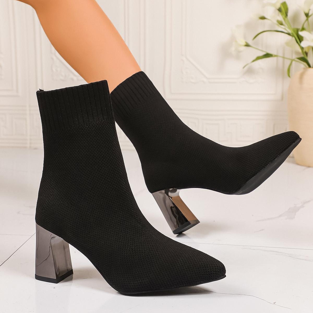 

Fashion 2025 New Women Boots Soft Knitted Casual Comfortable Shoes Women Fashion Pointed Ankle Boots Women Outdoor High Heels Shoes 35 чёрный