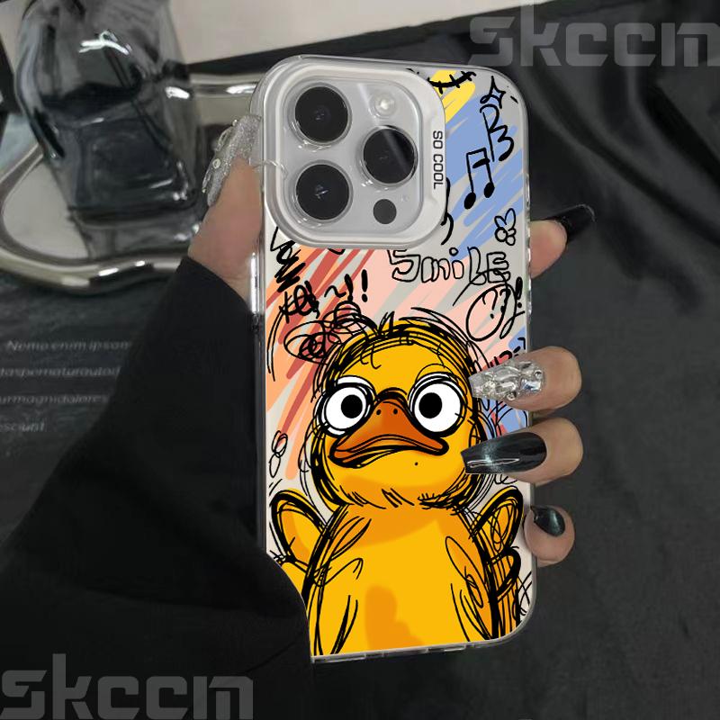 Graffiti Small Yellow Duck Electroplate Silver IMD Phone Case For iPhone 16 15 Pro Max 14 13 12 11 16E 7 8 Plus X XS XR Cover