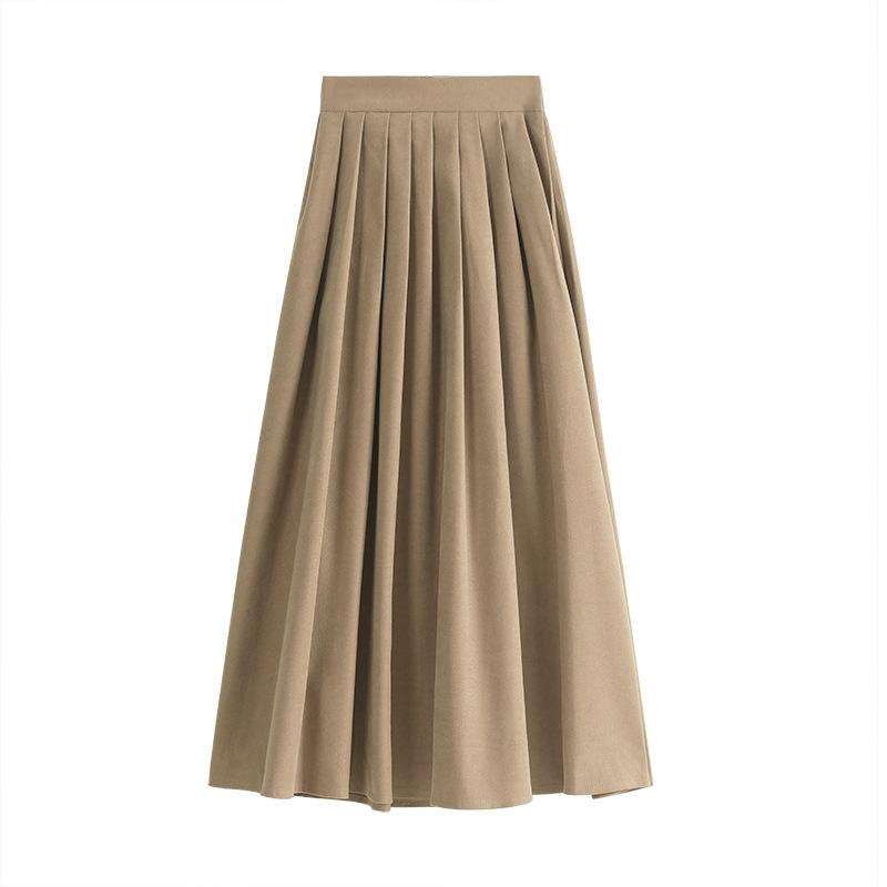 Vintage High Waist Pleated Skirt Women Korean Fashion College Style Long Skirt Ladies Autumn Casual A Line Skirts
