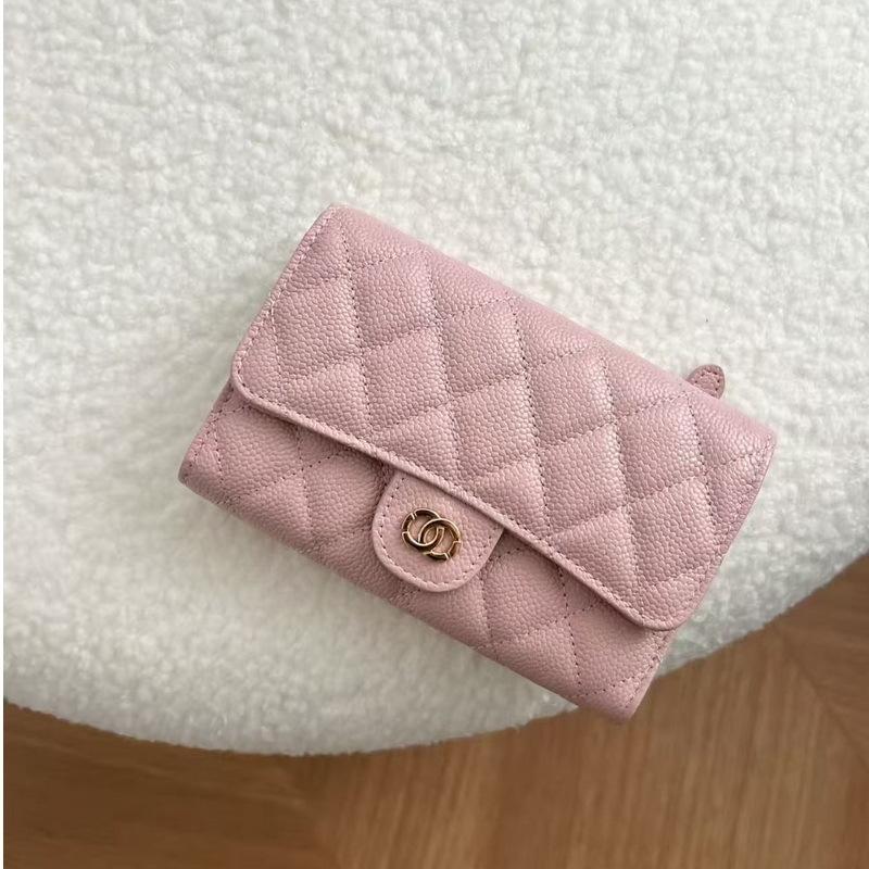 2026 New Caviar Patterned Cowhide Long Three Fold Wallet Hand-held Bag Chain Strap Crossbody Genuine Leather Women's