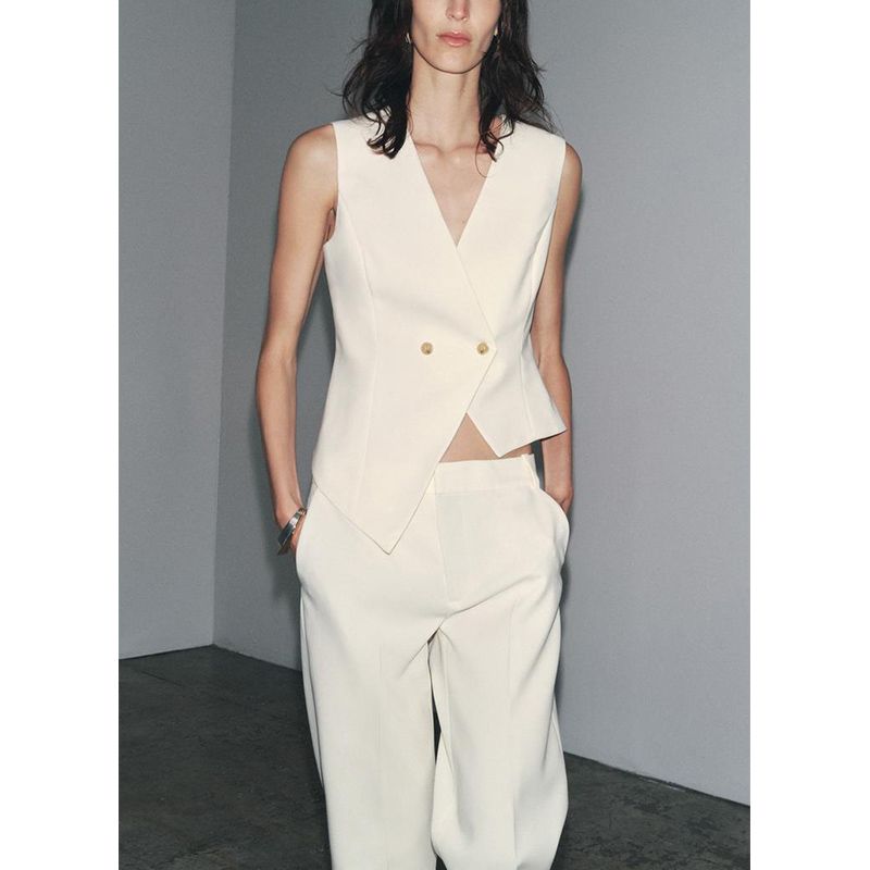 Asymmetric V-neck Sleeveless Vest 3447180 Strap Decoration Minimalist All-Match Low Waist Casual Pants 3328180