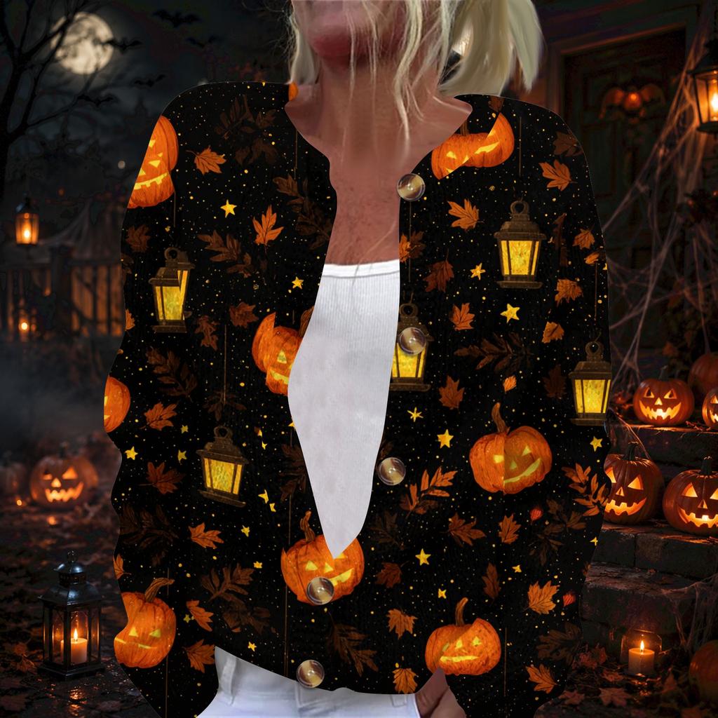Women's Long Sleeve Halloween Print Cardigan with Button Front for Fall Festive Wear