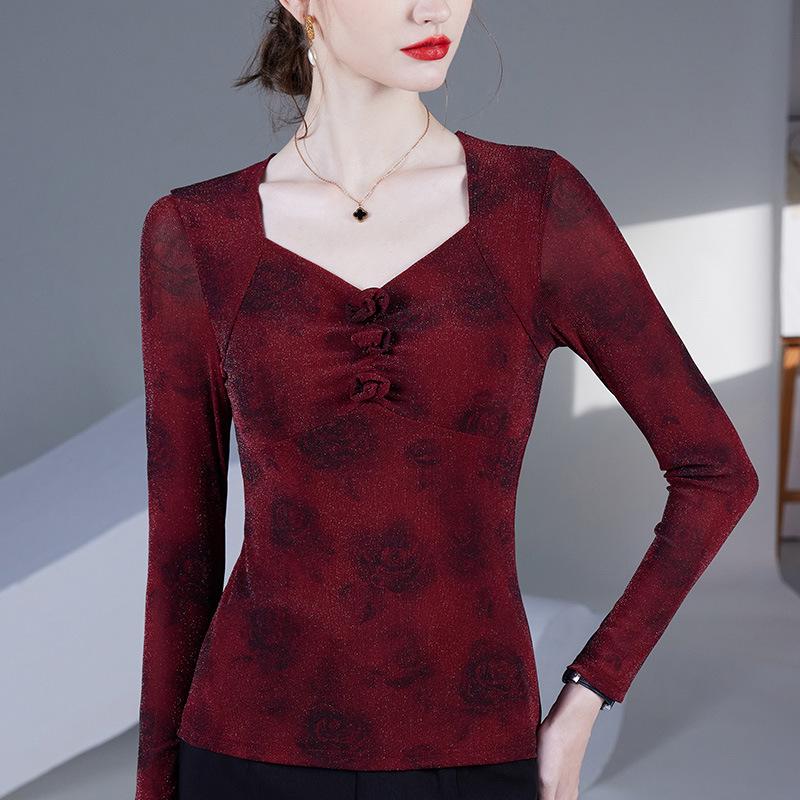 2025 Spring/Autumn Rose Print Square Neck Mesh Blouse - Long Sleeve Women's Fashion Top