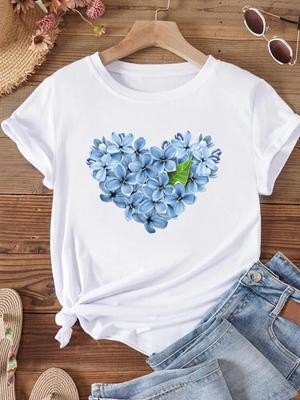 (Asian Size) Women T Shirt Love Heart Trend Cute Sweet Short Sleeve Tee Top Clothing Fashion Print Lady Casual Female Graphic T-shirts