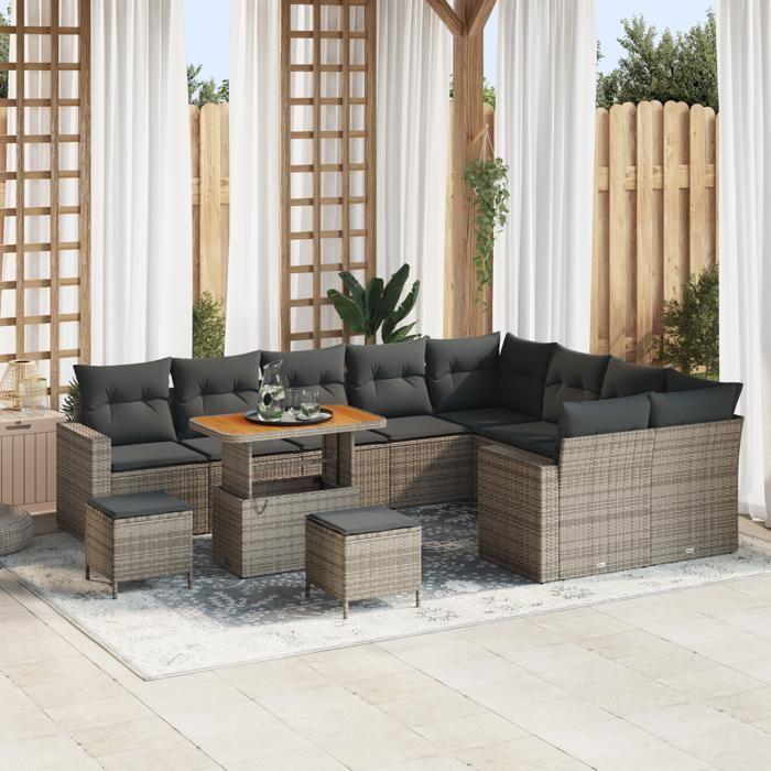 Ensemble de canapés de jardin de 12 pièces avec coussins gris en rotin poly et acacia, Ensemble de salle à manger de jardin 3363608