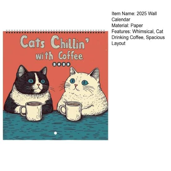 1/2Pcs 2025 Wall Calendar Cats Chillin' with Coffee Wall Calendar 12 Monthly Coffee Cats Calendar Family Office Organizer for Cat Lover Gift