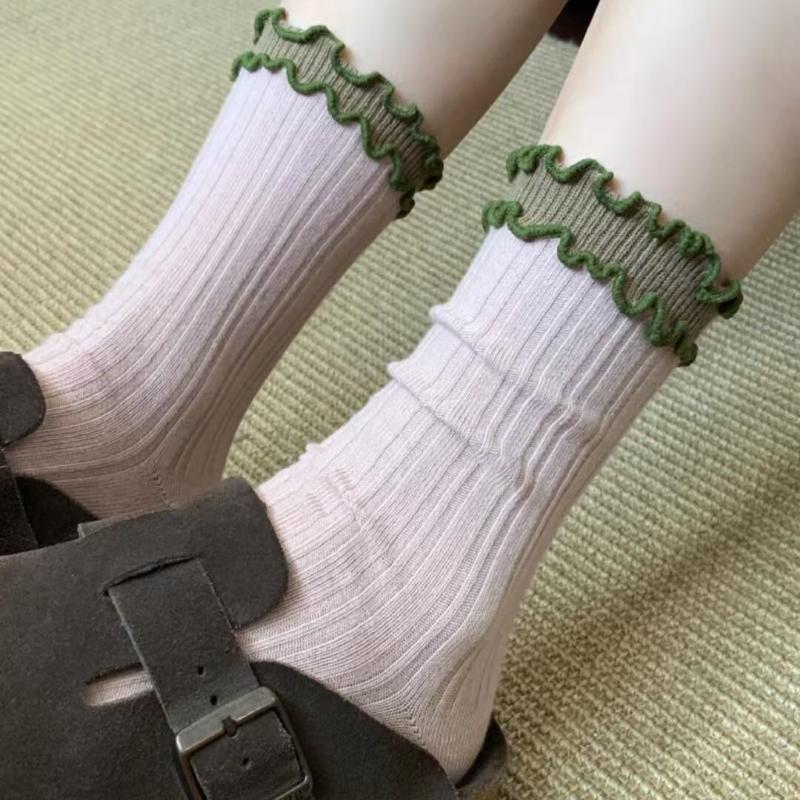 6 Pairs Retro Color Matching Double-layer Lace Women's Socks High Value Cute Wooden Ear Edge Lace Medium Tube Socks