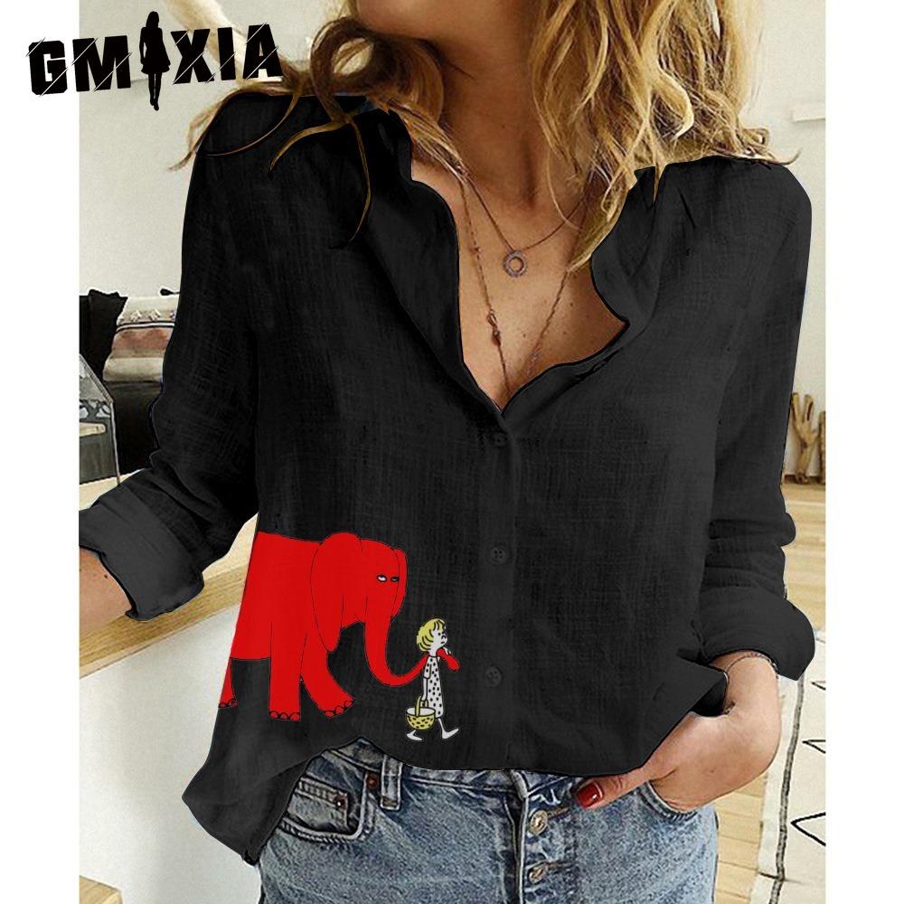 

GMXIA Women s Fashion Casual Red Elephant Print Long Sleeve POLO Neck Blouses & Shirts S чорний
