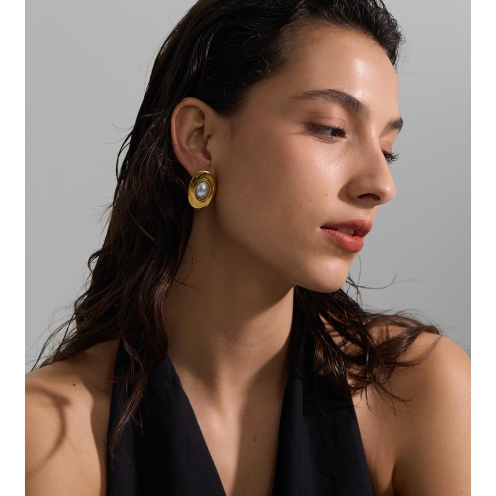 Yhpup Elegance Simulated Pearls Oval Stud Earrings for Women Gold Color Stainless Steel Trendy Fashion Jewelry Accessories Gift