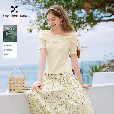 Xiangying Women's Off-Shoulder Bow Knit Top