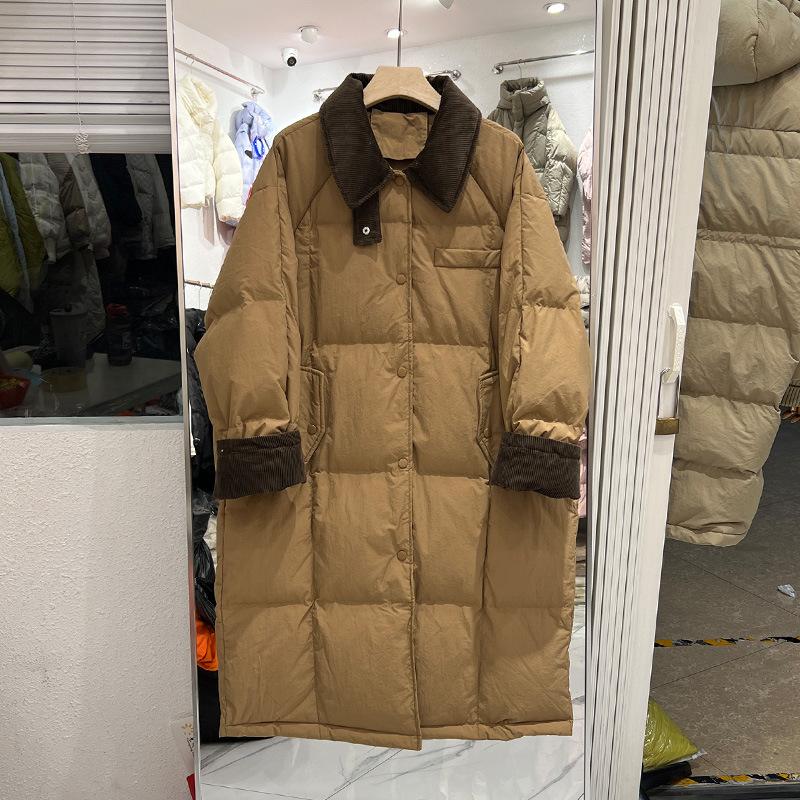 Corduroy Splicing Lapel Down Jacket Women's Medium and Long Loose Thickened Winter New Knee Jacket