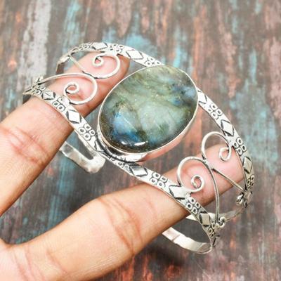 Labradorite Gemstone 925 Sterling Silver Handmade Cuff Bangle Adjustable Jewelry