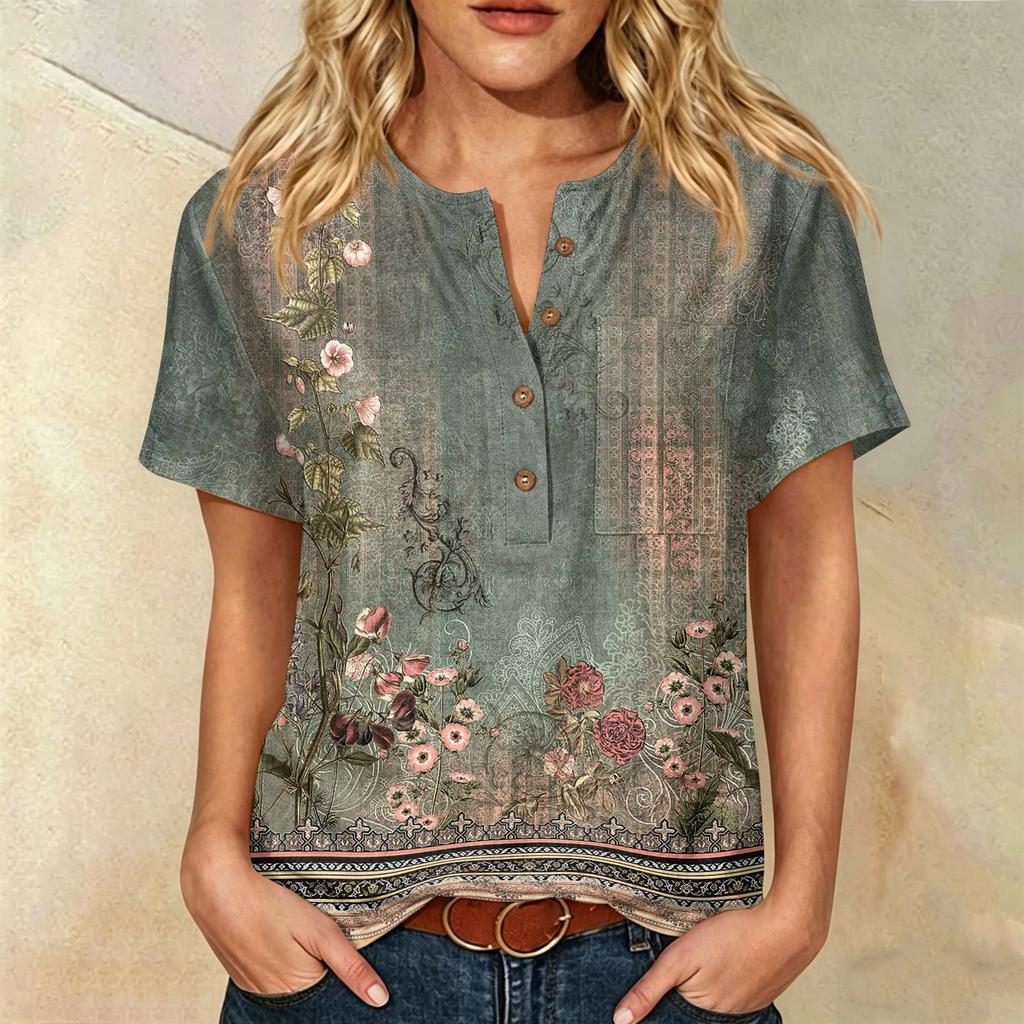 Women’s Fashion Printed Short Sleeve Cotton Linen Shirt with Henley Button Neckline and Chest Pocket for Casual Wear