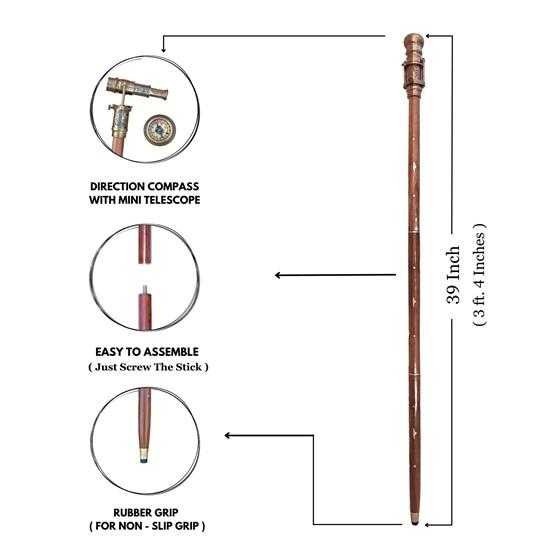 Engraved Brass Walking Stick With Telescope Direction Compass On Top Spyglass Cane, 1920 Dollond London Victorian Canes, Handmade Gift