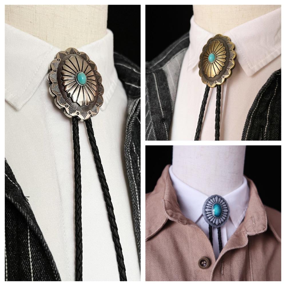 PU Woven Rope Turquoise Bolo Tie Western Country Style Brass Carved Flowers Necktie Gift